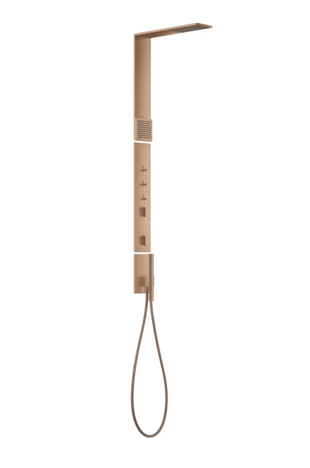 Vertikales Duschpaneel in brushed red gold von AXOR mit Kopfbrause und Schulterbrause, ausgestattet mit Thermostat und verschiedenen Bedienelementen.